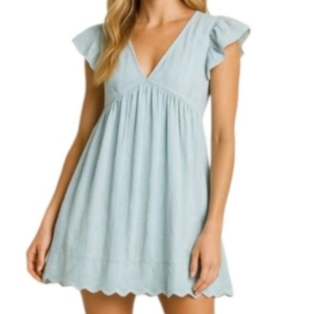 Mustard Seed Blue Cotton V Neck Flutter Eyelet Scallop Baby Doll Dress Romper SM